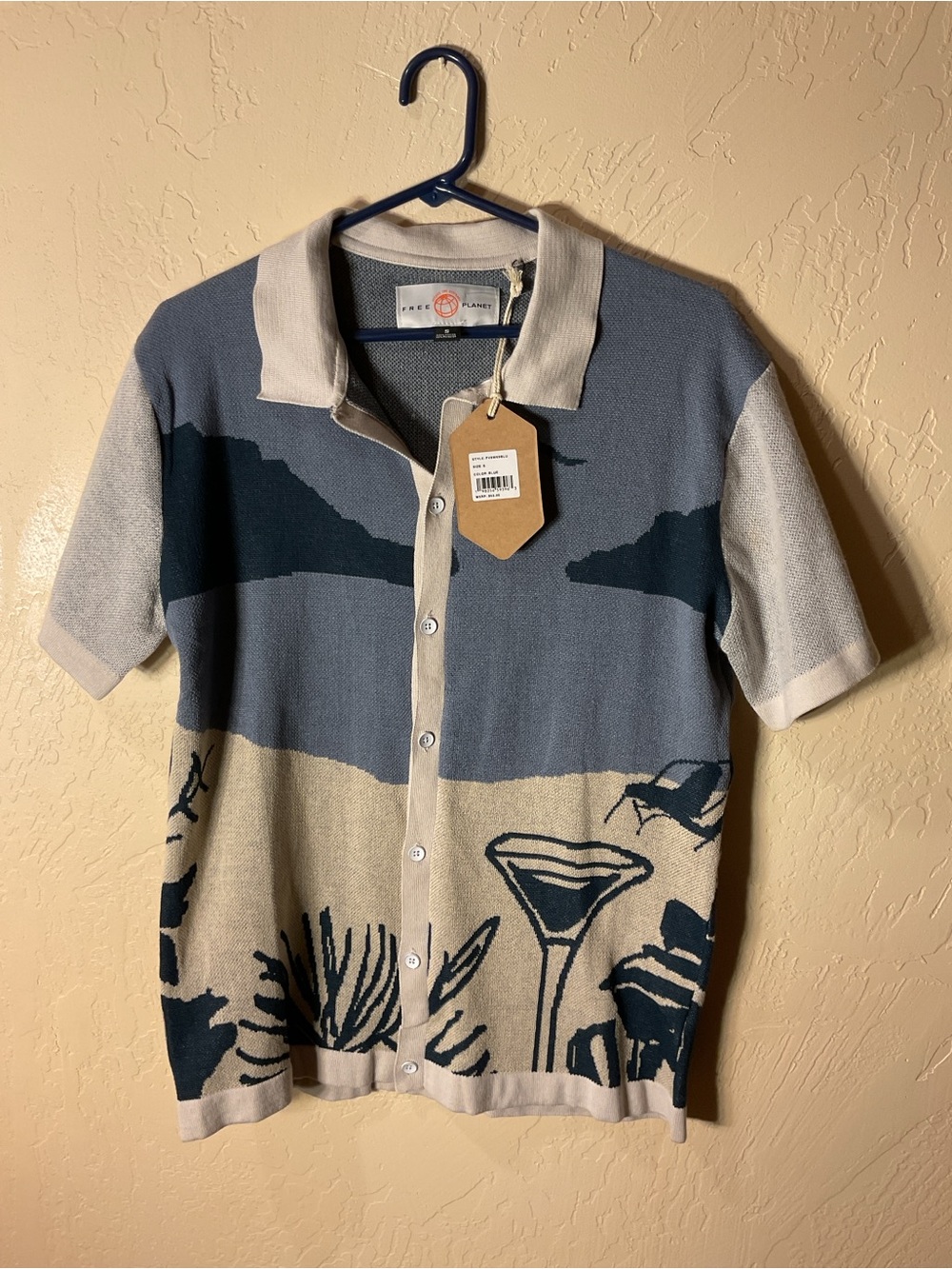 Free Planet Blue & Tan Coastal Polo Shirt small